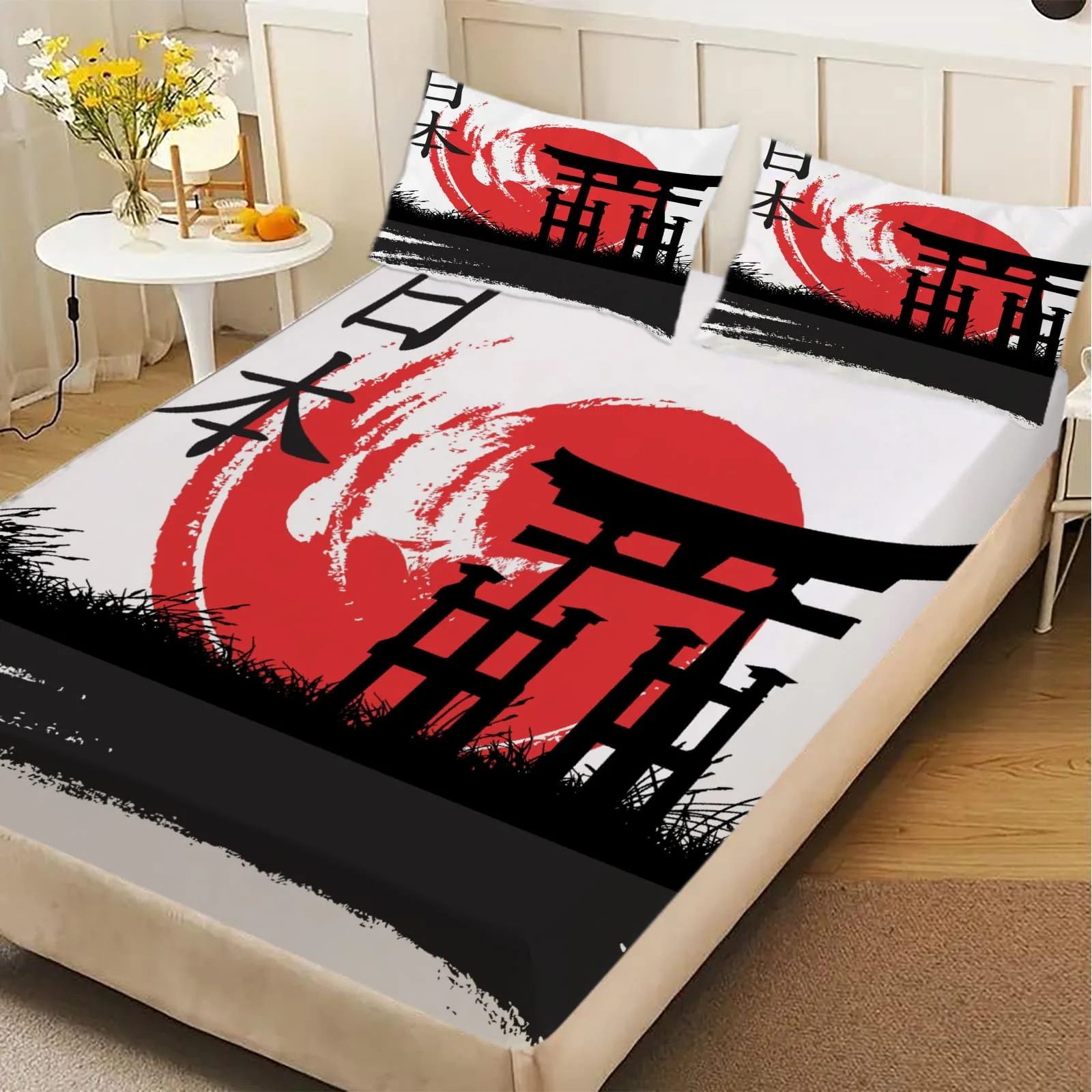 1pc Japanese Torii Gate and Red Sun Print Fitted Sheet Deep Pocket Elastic Mattress Cover Single Double Queen King Bedroom Decor