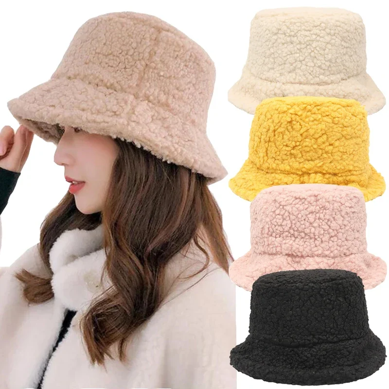 Wool Faux Fur Bucket Hats Winter Warm Fisherman Caps Women Girls Thicken Plush Hats Outdoor Warm Fishing Caps Panama Cap Unisex