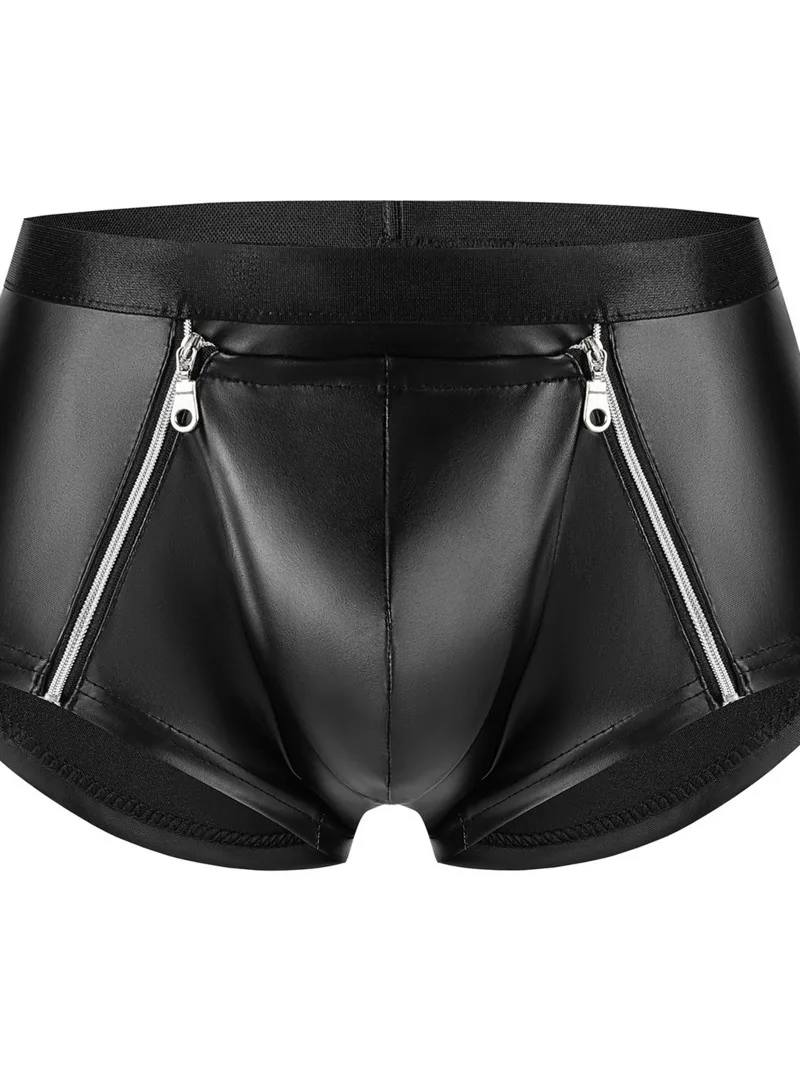 2024 New Sexy High Waisted Matte Patent Soft Leather Shorts Men's No Smell Accurate Size Zipper Slim Lift Buttocks Boxers LKQW