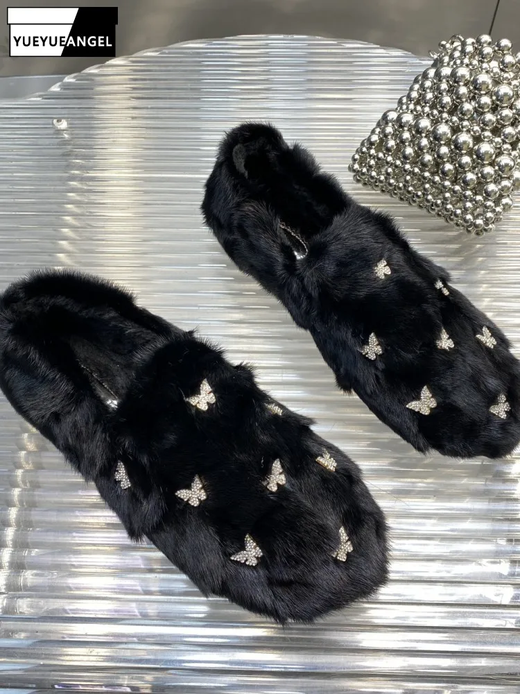 

Winter Women Warm Fleece Lining Flats Shoes Elegant Butterfly Diamonds Mink Fur Shoes Slip On Loafers Female Moccasin Gommino