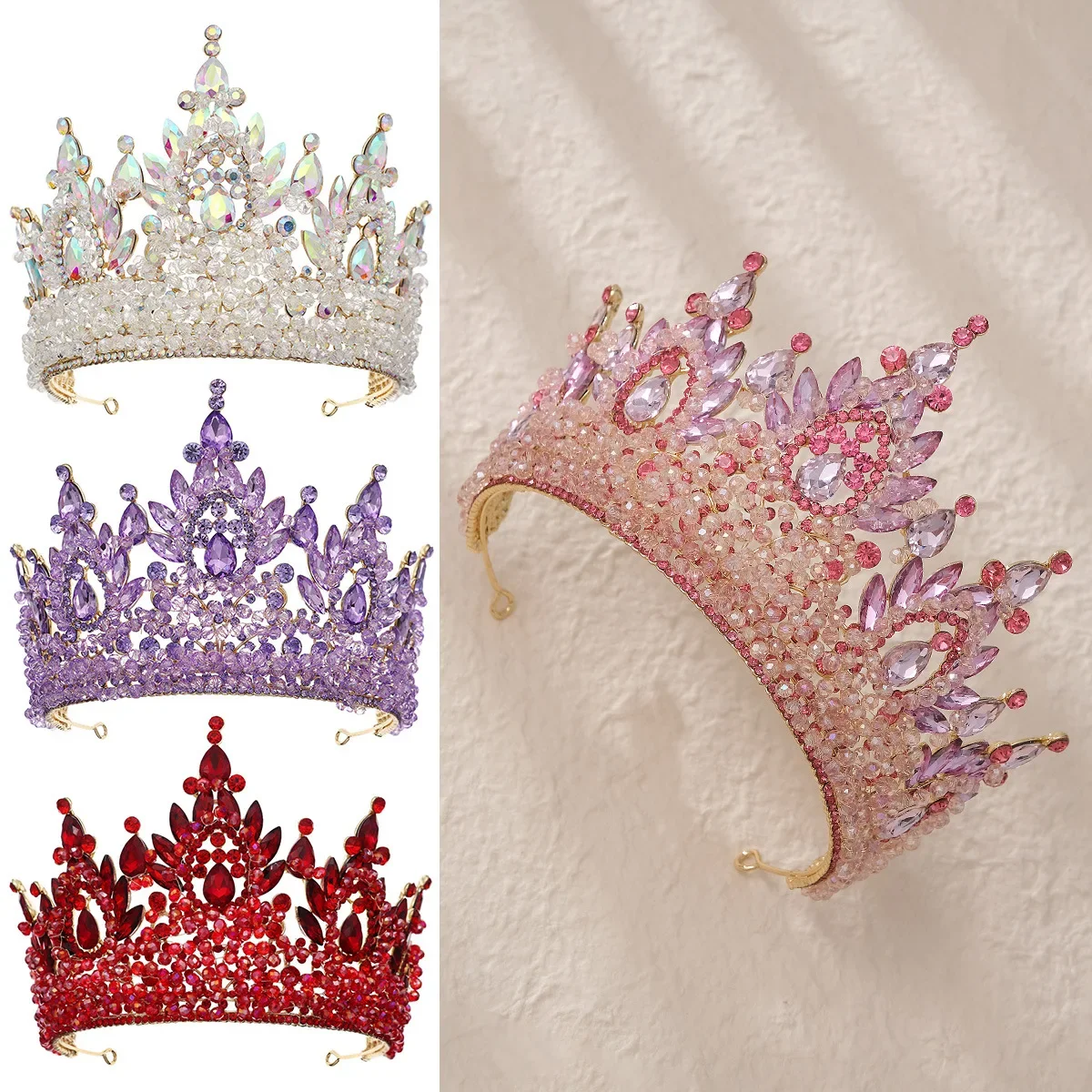 Tiara de boda hecha a mano con cuentas de cristal para mujer, tocado de novia, corona de desfile, elegante, verde, azul, rojo, Morado, dorado