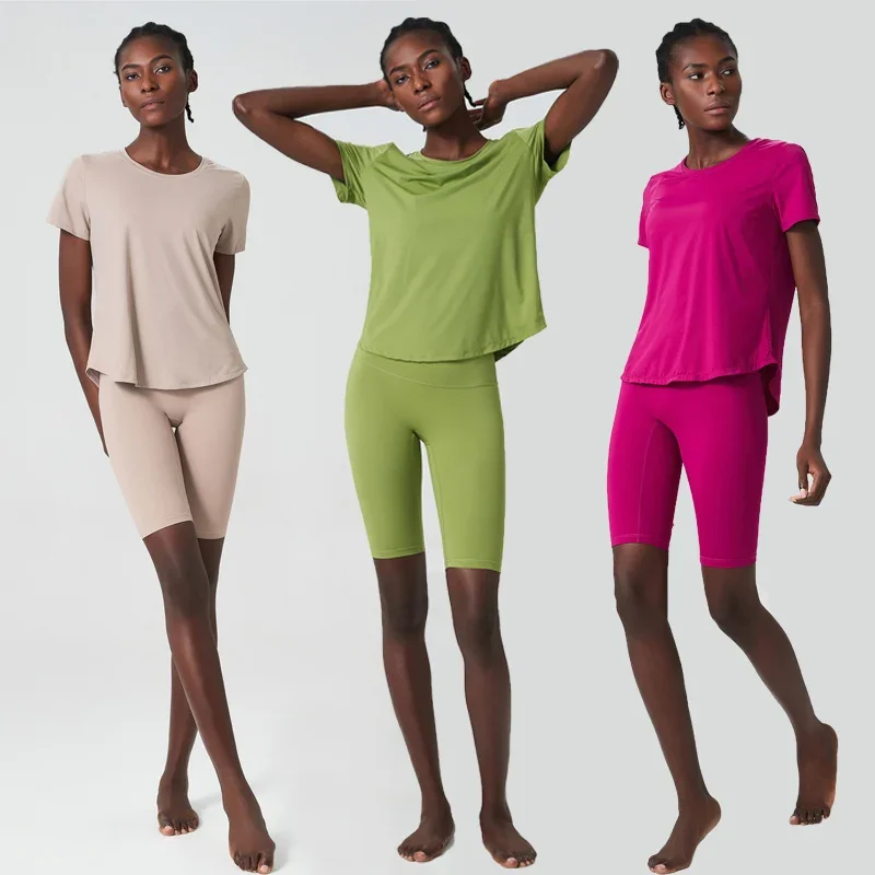 Женский комплект из двух предметов для йоги, летний однотонный спортивный костюм, женский дышащий быстросохнущий короткий спортивный костюм для бега