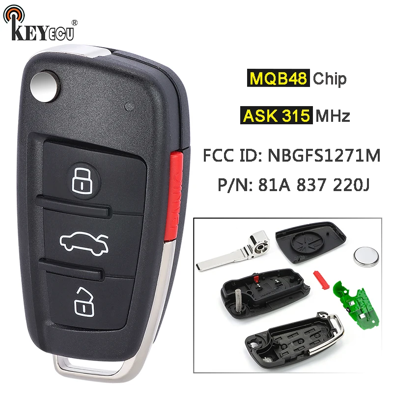 KEYECU ASK 315MHz MQB48 칩 P/N: 81A 837 220J NBGFS1271M 키리스 고 플립 리모컨 키 폽 아우디 A3 2013 2014 2015 2016 2017용