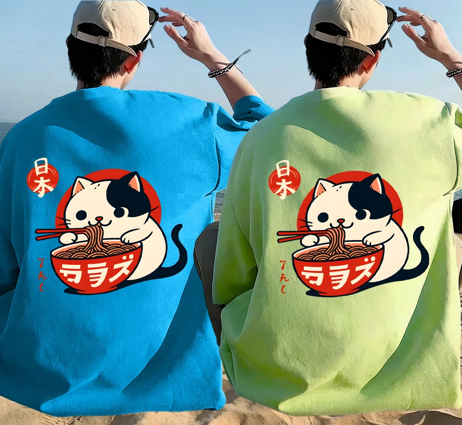 

Cow Cat Likes Lamian Noodles Prints Mens Cotton Simple Summer T-Shirts Casual Vintage Tops Suits Fashion High Street Clothing