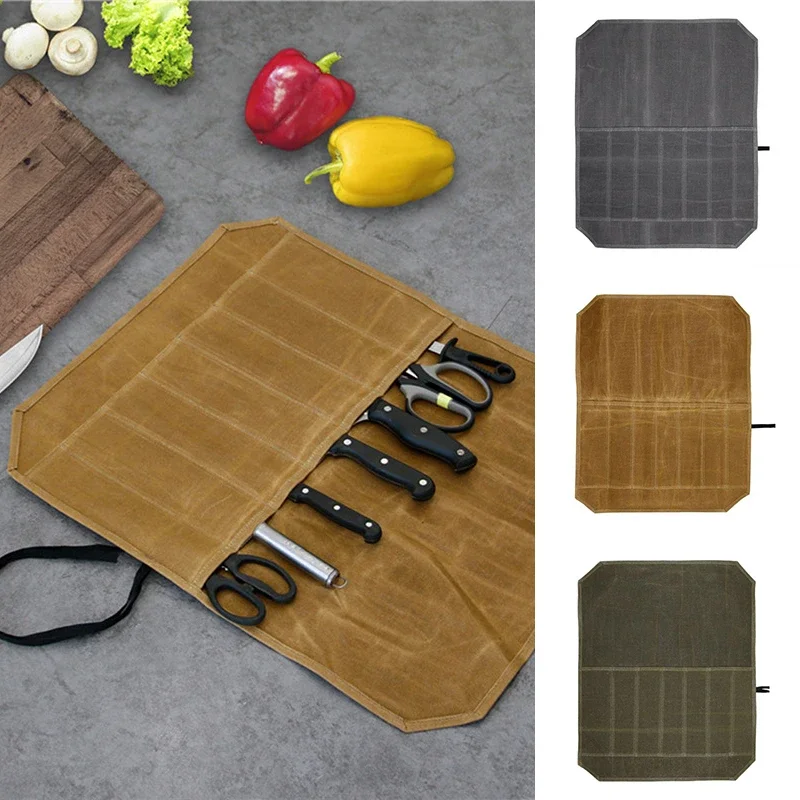 Chef Knife Roll Bag Portable Waxed Canvas Kitchen Tool Storage Pocket Bag Multifunctional 7 Slot Scabbard Storage Organizer