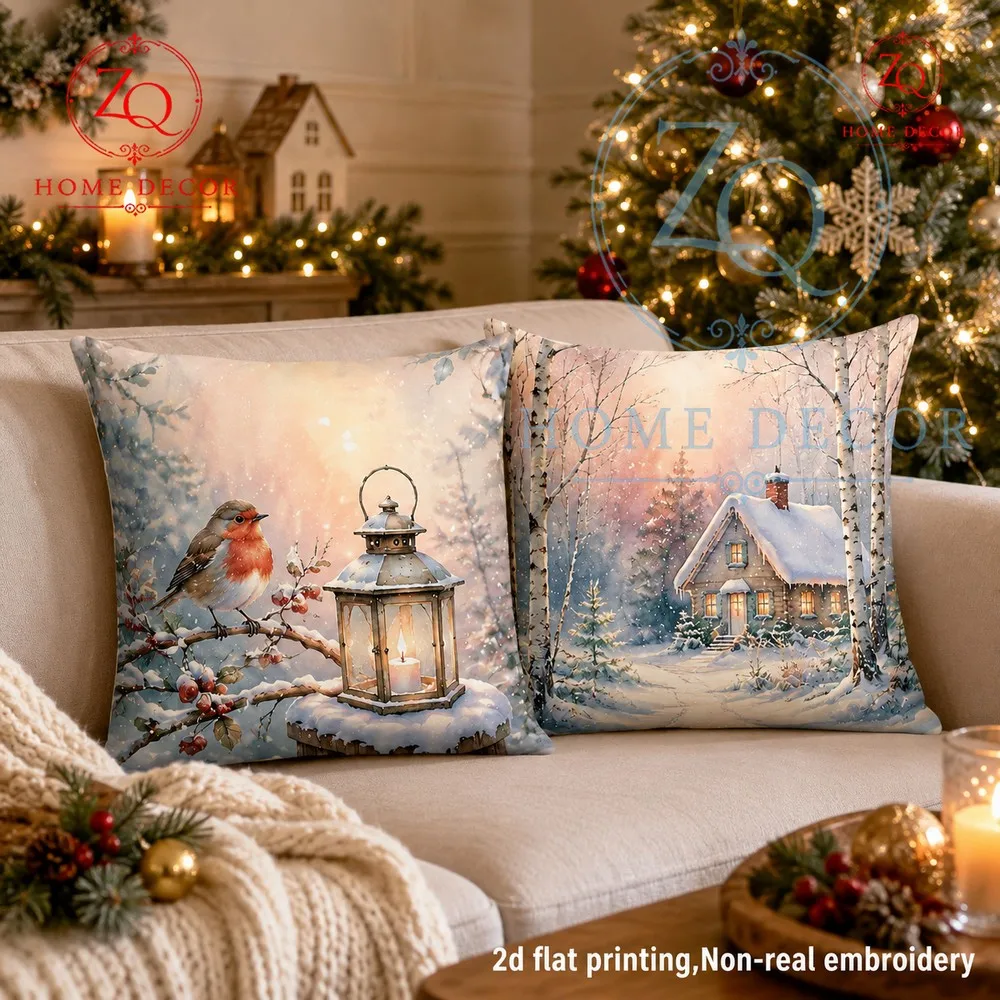Retro snow scene plush pillowcase with robin  warm light crees a wonderfully warm  inviting wintery country cottage mosphere