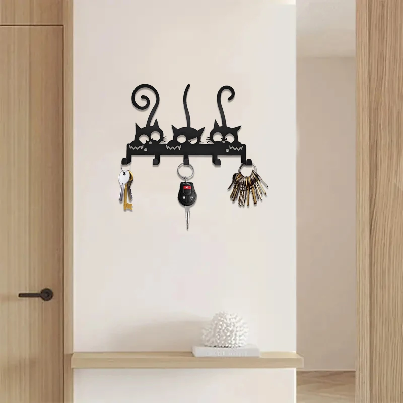 Wall Hooks Key Holder Cats Decorative Hooks Rack Hangers Iron Hook Wall Mounted Hooker with 5 Hooks for Key Hook Hats Towels