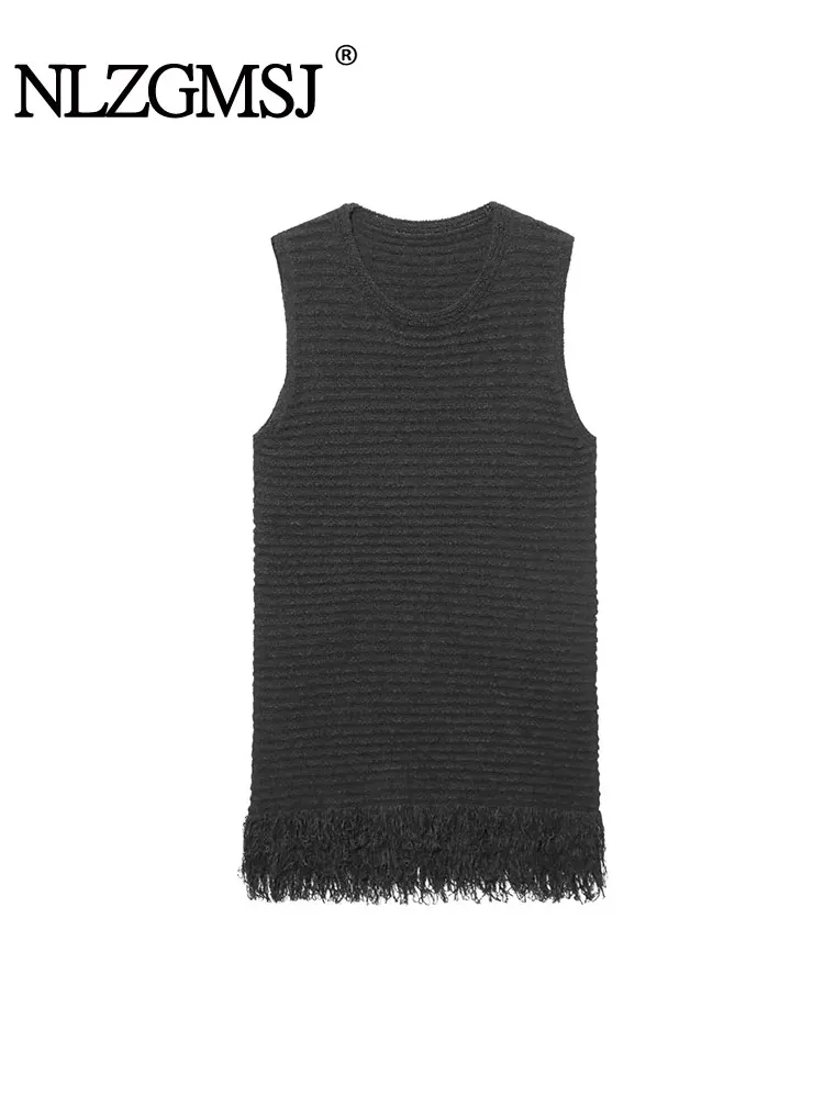 Chic Women Dress Tassels Solid Sleeveless O-Neck Sweater Mini Dress New Fashion 2025 Spring Summer Female Dress
