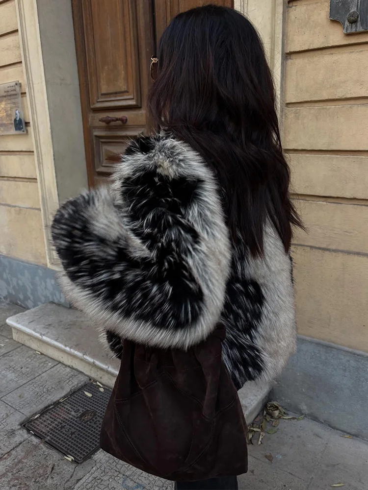 

HH Women Long Sleeve O-Neck Warm Jacket Hidden Buckle Color Block Decoration Casual Loose Outwear Faux Fur Effect Short Jacket