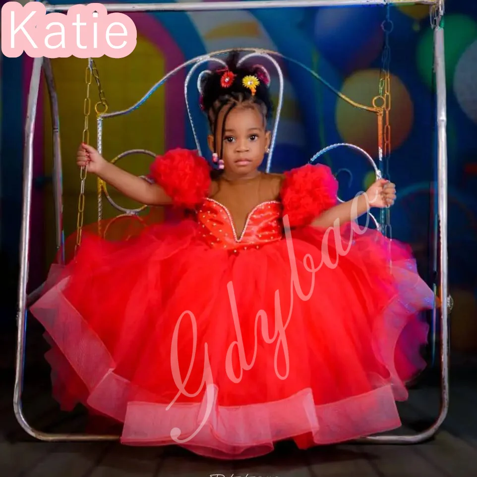 فستان فتاة الزهور الحمراء لحفلات الزفاف رقبة شفافة مطوي الكشكشة المتدرج تول الترتر فستاين سهرة/فساتين الحفلات أعياد ميلاد الأطفال فستان التواصل الأول