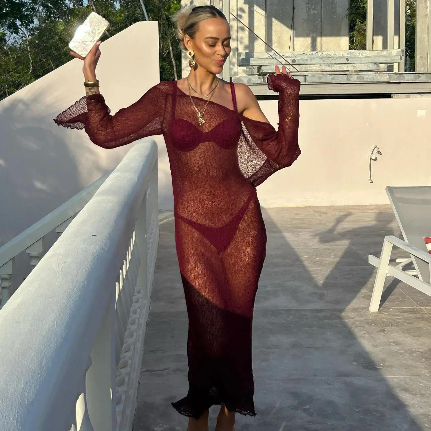 2024 بيكيني التستر محبوك مثير انظر من خلال Bodycon فستان ماكسي المرأة الصيف طويلة الأكمام الشاطئ التستر عارية الذراعين بحر