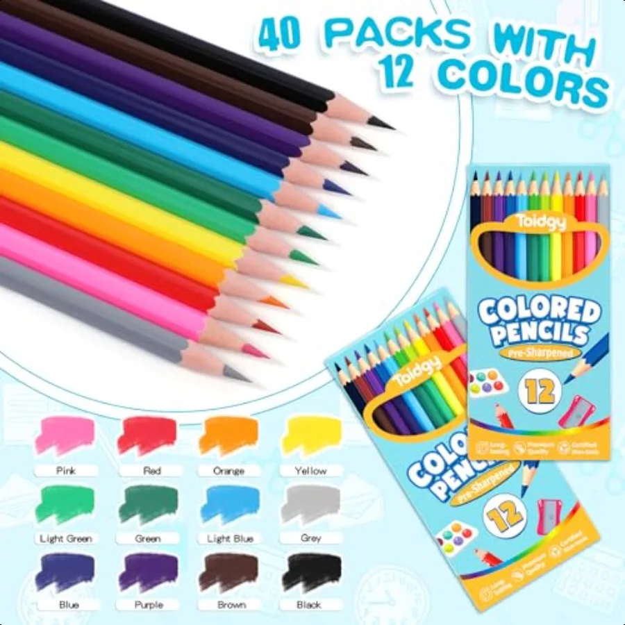 480 عدد أقلام رصاص ملونة، 40 عبوة من أقلام الرصاص الملونة لـ 12 لونًا، أقلام تلوين مشحونة مسبقًا للبالغين، لوحة مدرسية كبيرة