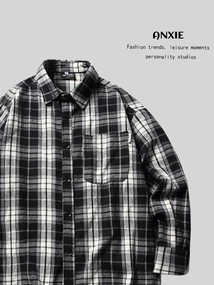 

ANXIE Loose Plaid irt Women's Faionable Casual Spring Autumn Season Regular Fit Couple's Clothing