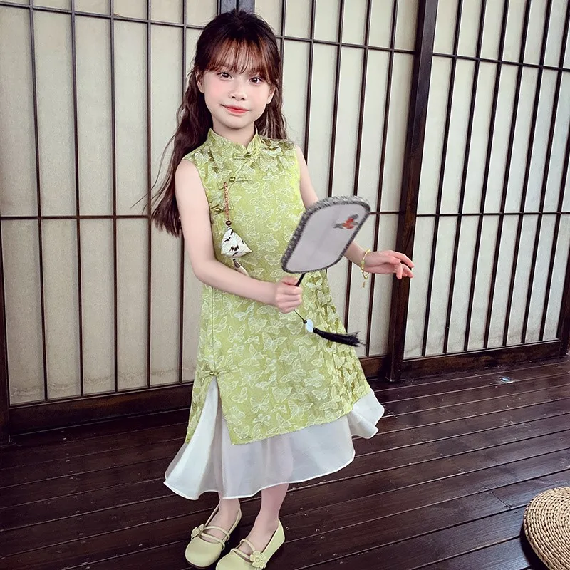 Girls' New Chinese Qipao Skirt Children's Sleeveless Dress 2026 Summer Dress New Children's Chinese Hanfu Cheongsam Dress LJ628