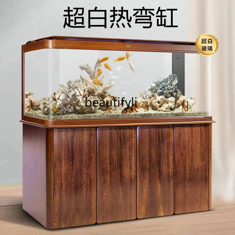 Large ultra-white glass floor-to-ceiling living room household hot bending curved aquarium bottom filter arowana tank