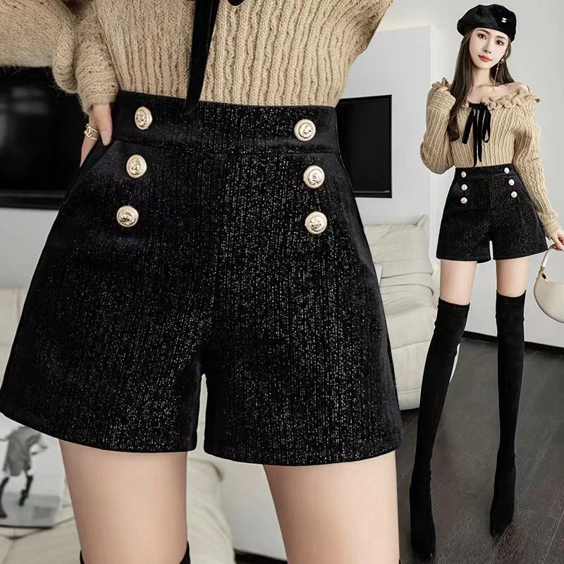 Autumn Winter Women's  Fashion High Waist Elegant Short Pants Ladies Vintage Button Solid Slim Thick Woolen A-line Shorts LX568