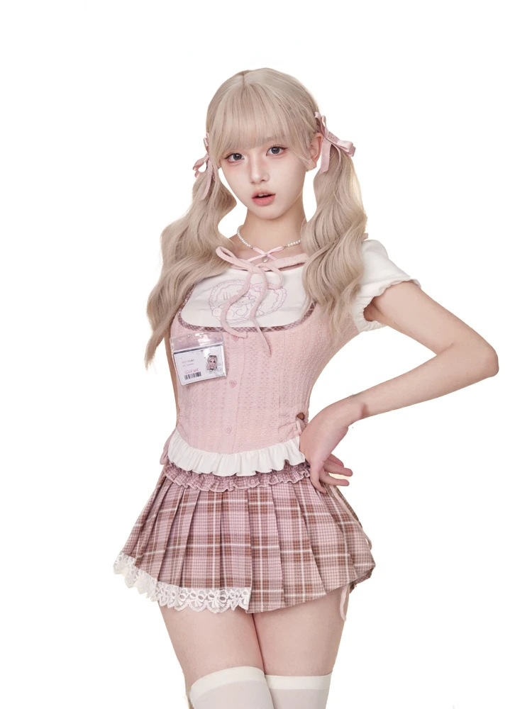 2024 Summer Sweet Ctue 2 Piece Skirt Set Women Causal Kawaii Tops + Elegant Slim Lace Mini Skirt Korean Fashion Skirt Suits New