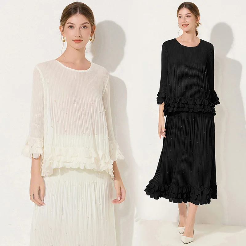 

French High-end Elegant Two Piece Skirt Set for Women Long Sleeve Beaded 3D Floral Top + Pleated A-line Midi Skirt Ladies Outfit