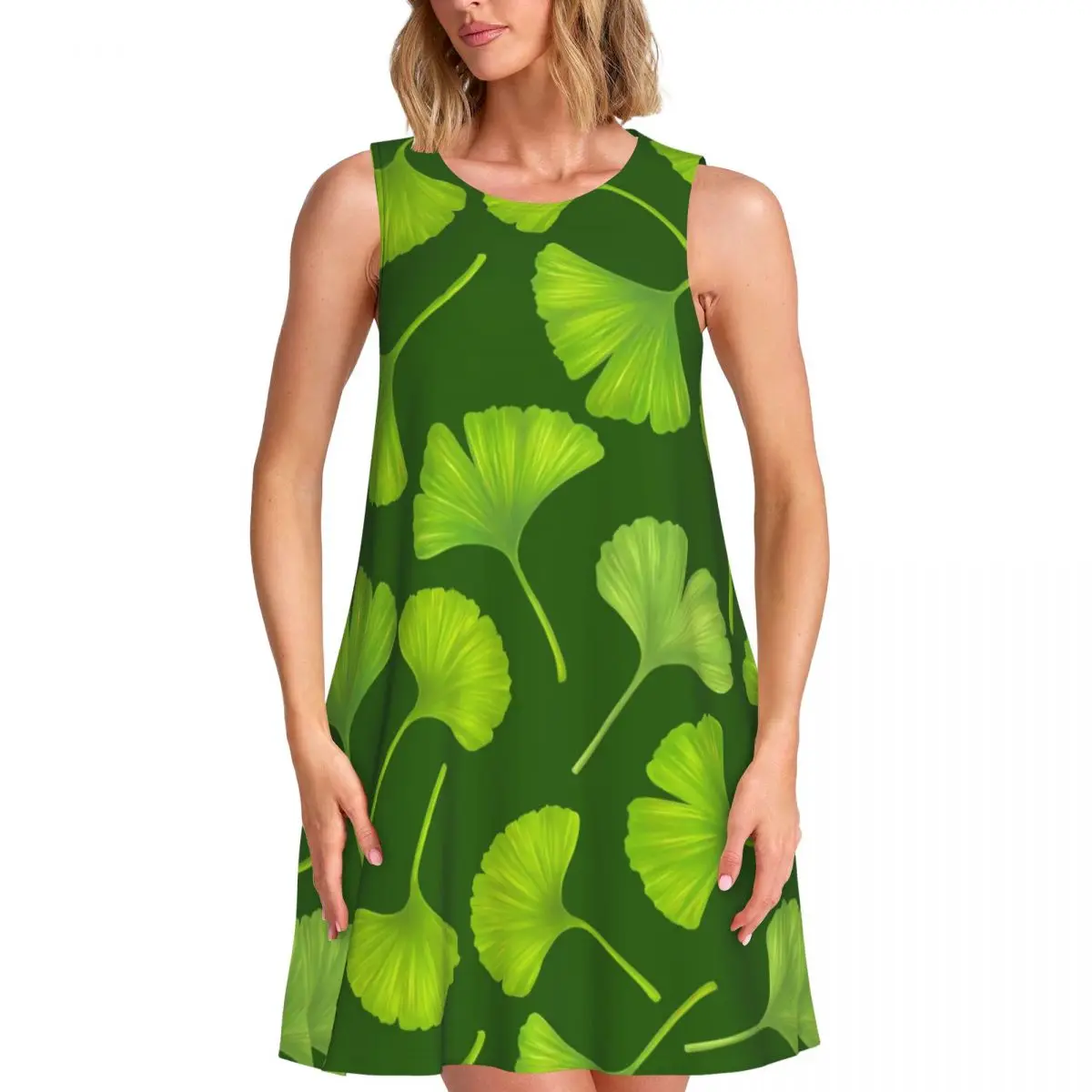 Green Ginko Biloba Dress Cute Leaves Print Cute Dresses Summer Street Fashion Oversized Tank Dress Cheap Woman Pattern Vestido
