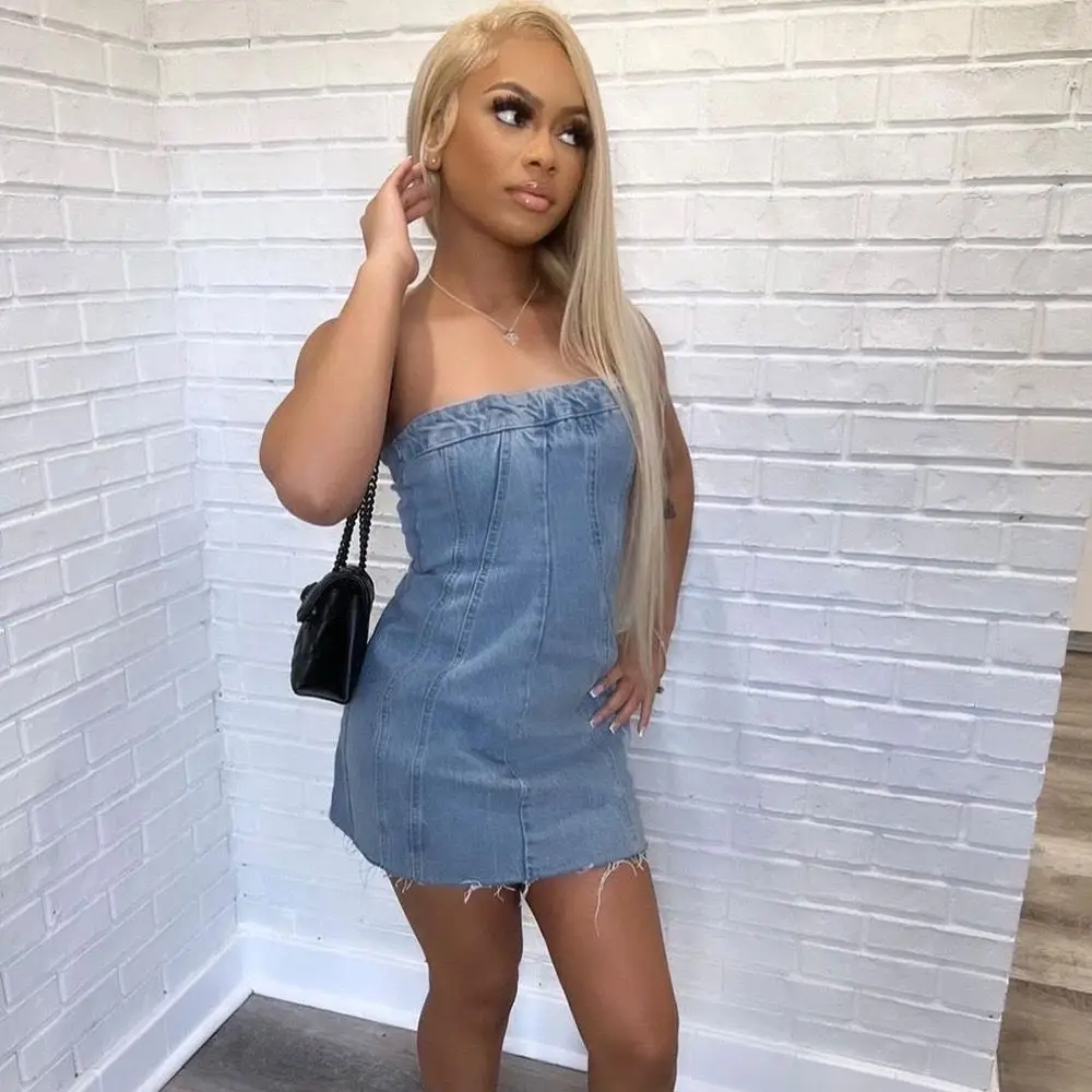 

Blue Dress for Women 2023 Summer Denim Strapless Tube Top Dress Sexy Solid High Street Chest Wrapping Dresses