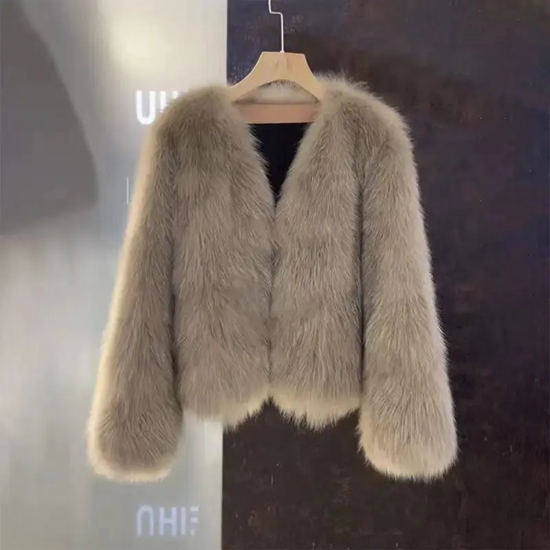 Jaqueta curta de pelúcia faux fox fur feminina, casaco quente, casaco grosso, moda coreana, preto, branco, rosa, cáqui, roupas femininas, outono, inverno, novo