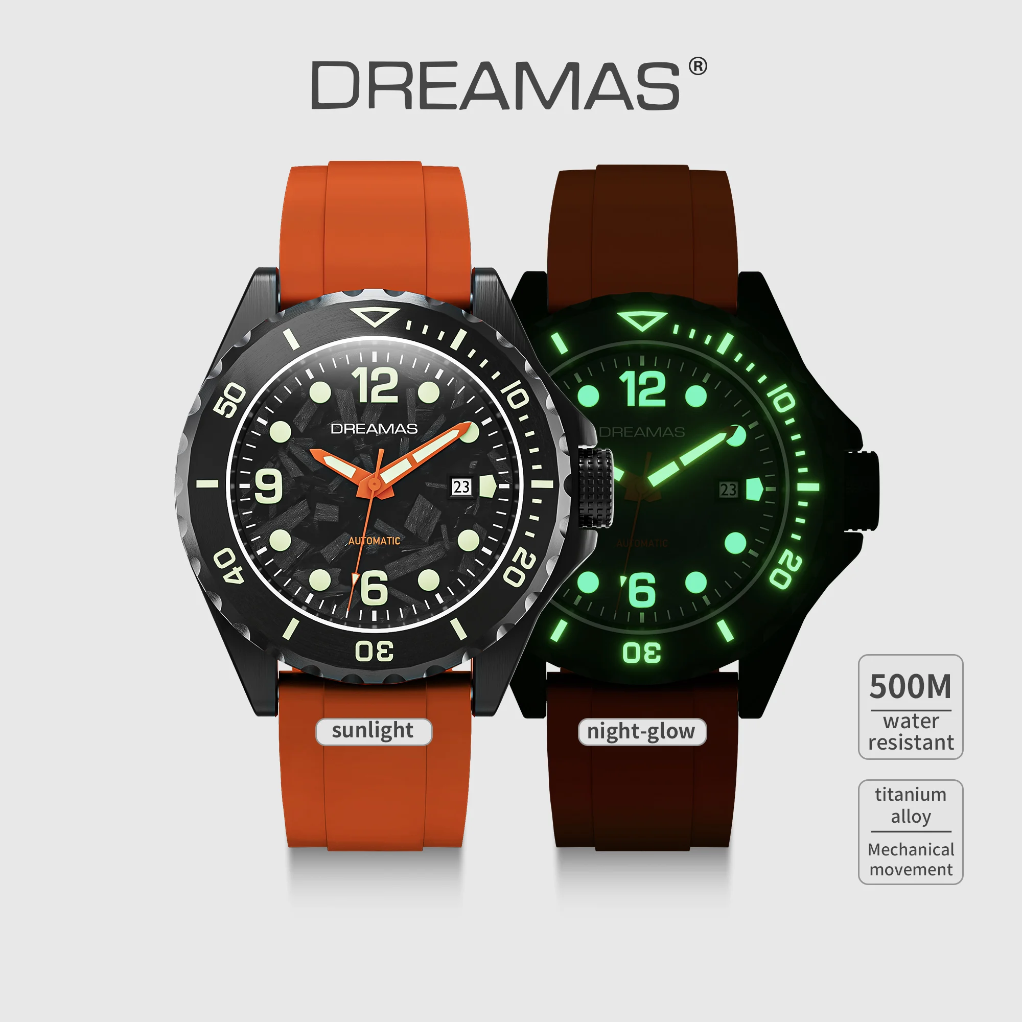 DREAMAS ساعة ميكانيكية للرجال سبائك التيتانيوم ساعة غوص سويسرية ثلاثية الأبعاد سوبر مضيئة 500 متر مقاوم للماء ساعة أوتوماتيكية DMS5050
