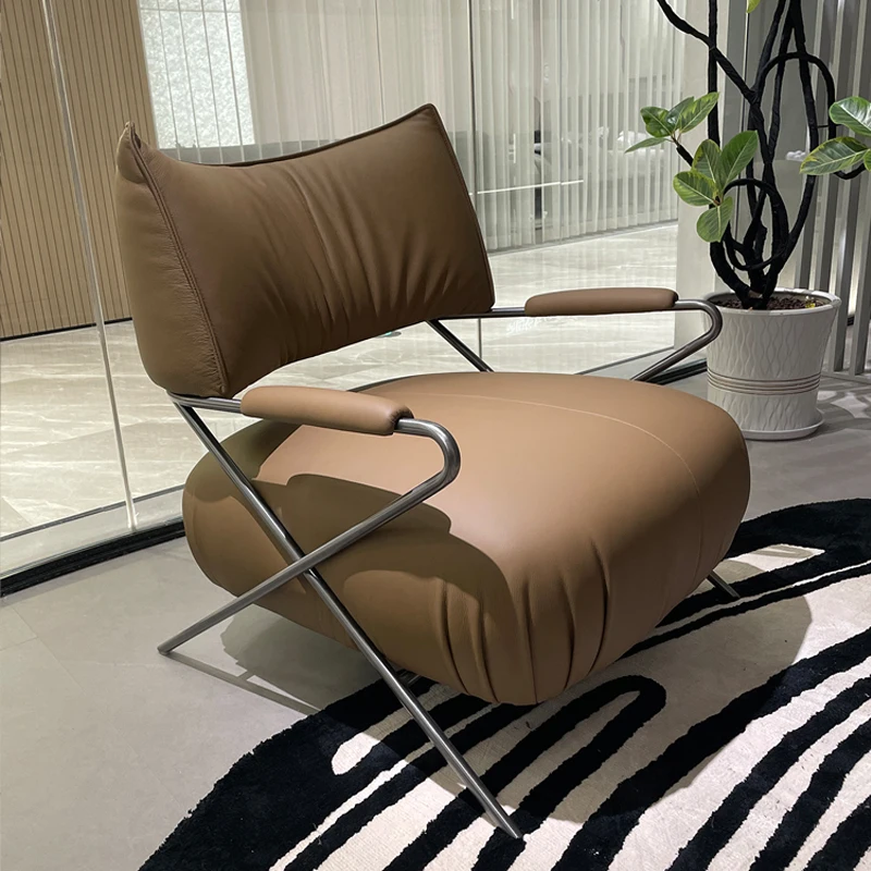 

Italian minimalist all-leather leisure chair designer creative stainless steel single sofa chair office meeting chair Home