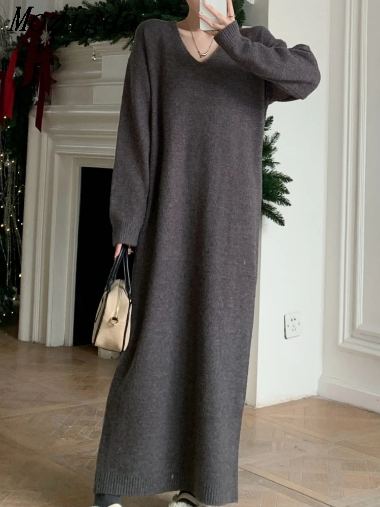 Sukienka damska wiosenno-jesienna oversize z dekoltem w serek, elegancka, vintage, luźna, koreańska sukienka damska z długim rękawem, sukienki damskie, vestidos