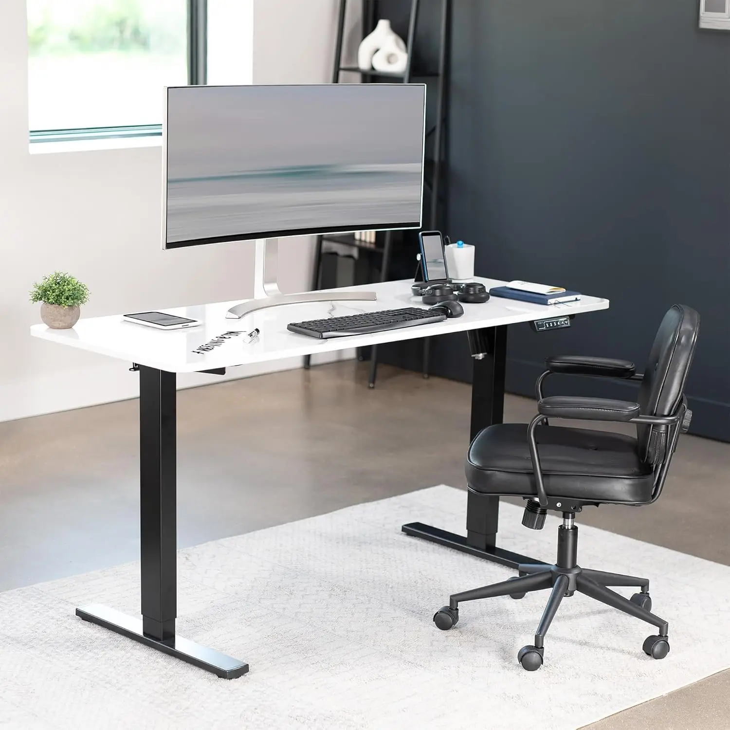 60 x 24 inch standing desktop workstation, memory controller height adjustment, white marble pattern top, black frame