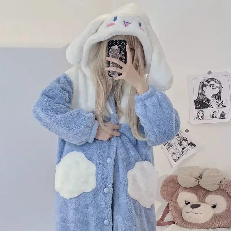 Sanrio Pyjama Herfst Winter Slaapzaal Cinnamoroll Kawaii Long Plus Fluwelen Gewatteerde Koraalfluwelen Nachthemd Vakantiegeschenken Voor Meisje