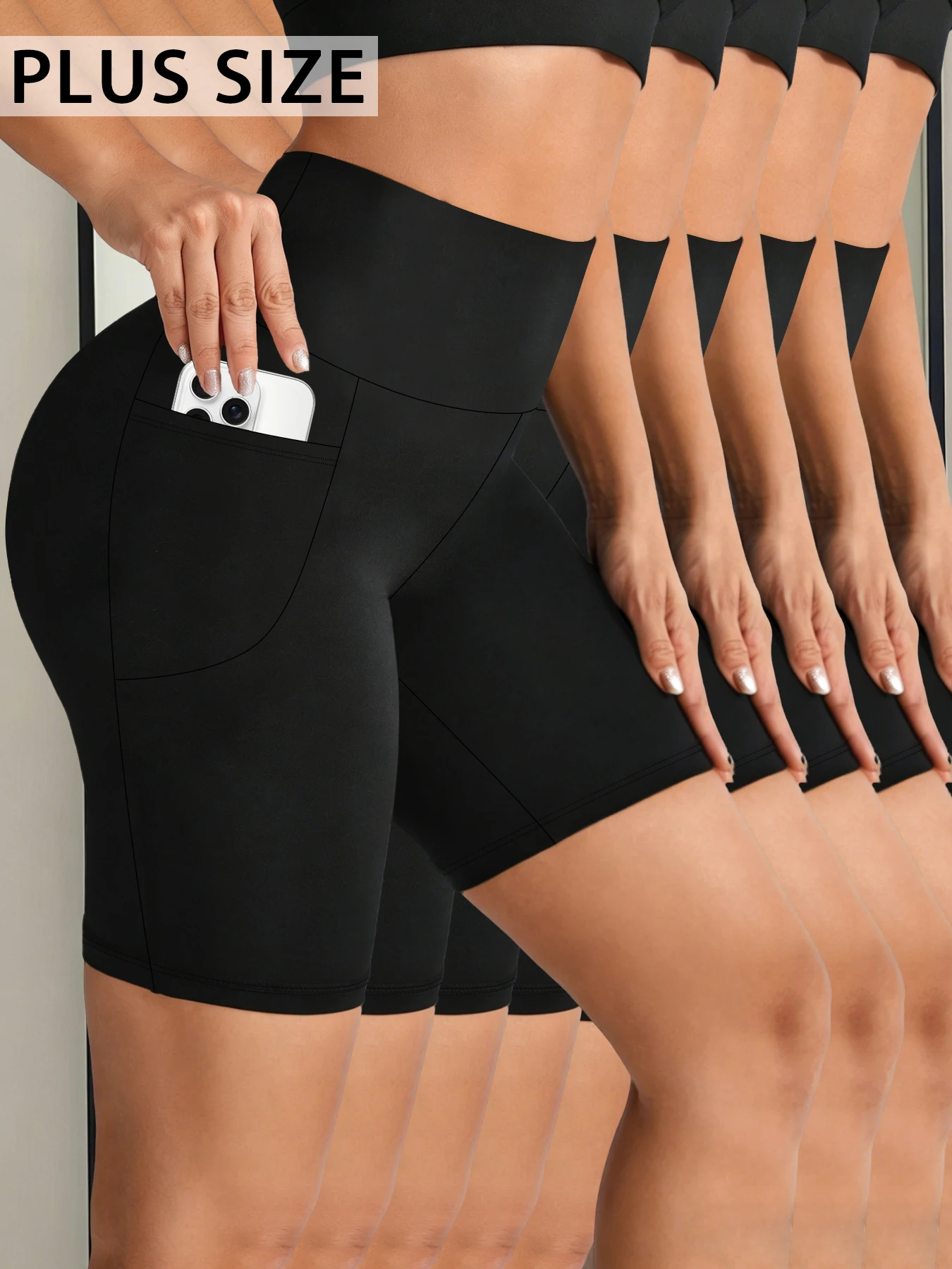 

5 pack Plus Size Women Athletic Shorts with Pockets.5 Inch High Waisted Biker Super Soft Tummy Control No See Through