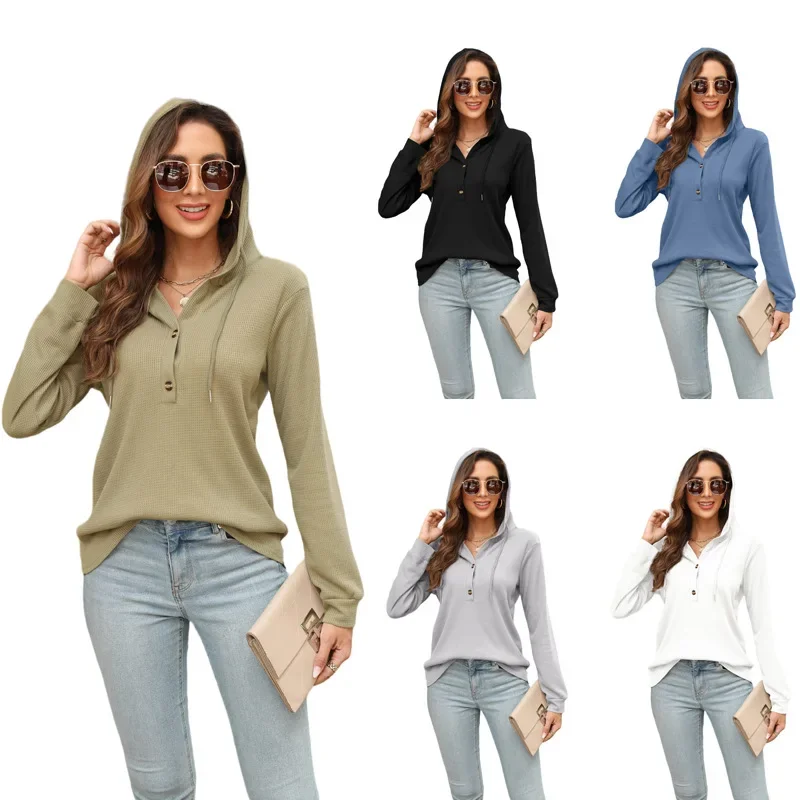 Women's Sweatshirt Pullover Long-sleeved Hooded Lace-up Button Solid Color Waffle Loose Casual Spring and Autumn Top