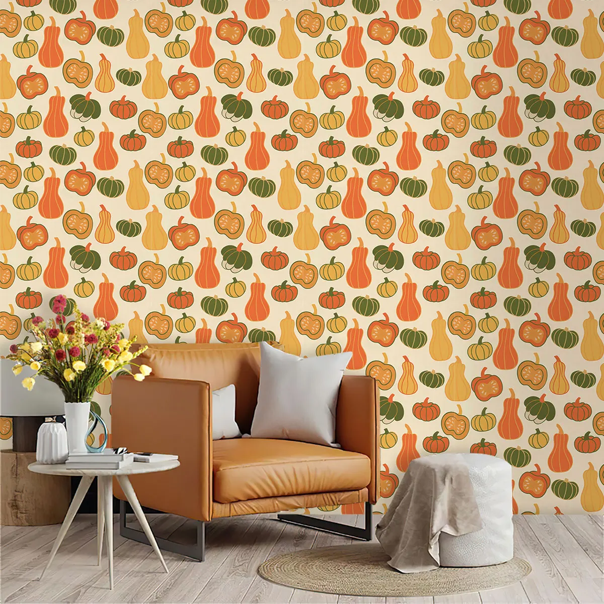 PVC self-adhesive autumn pumpkin pattern cyclic wallpaper for wall decoration and concealing flaws