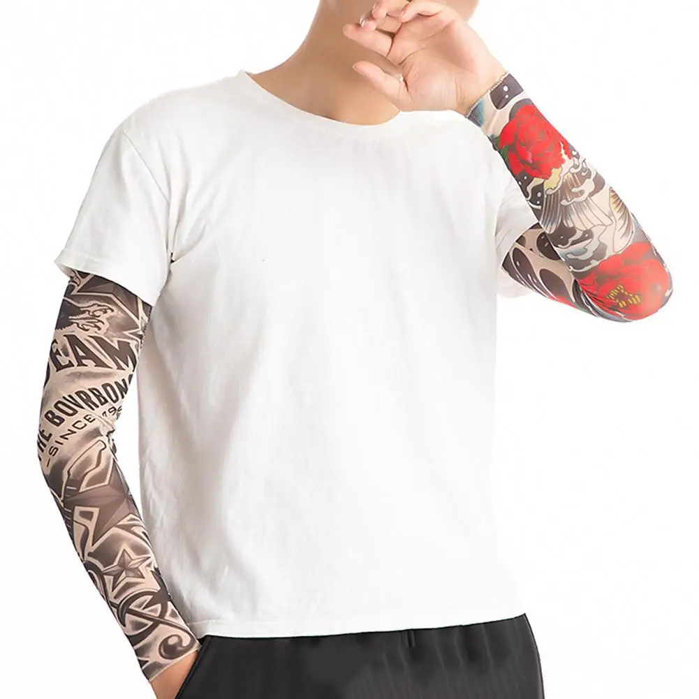 2PCS Arm Sleeves for Men Women Seamless UV Sun Protection Cooling Fake Tattoos Sleeves Arm Protector for Cycling Fishing Golf