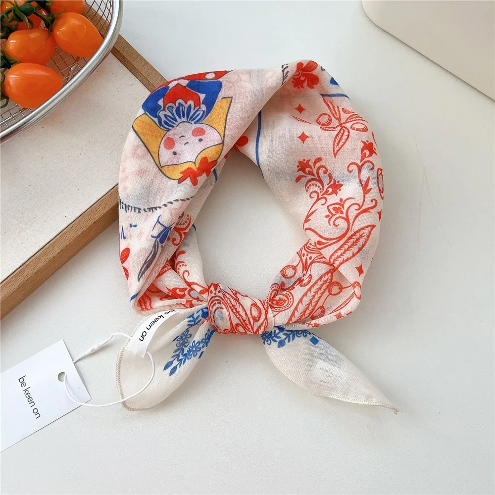 

55cm Square Scarf Neckerchief Casual Literary Scarves Kerchief Bandanas Flower Floral Print Headscarf Hair Ribbon Accessories
