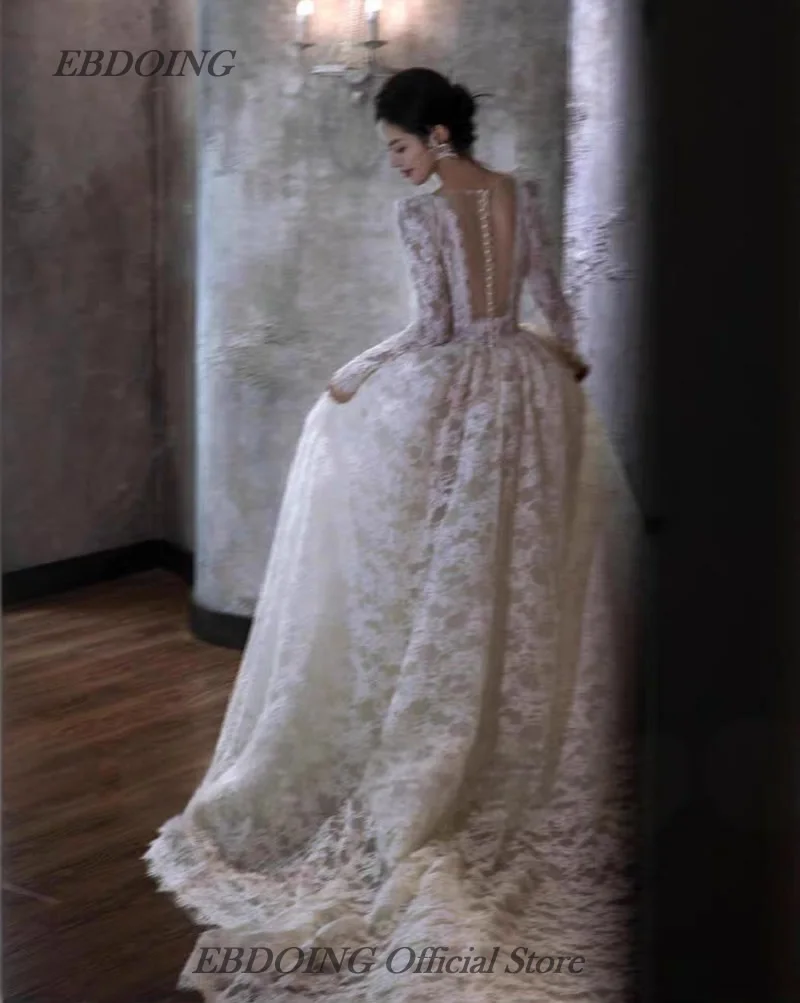 EBDOING robe de mariée a-ligne dentelle encolure carrée manches longues Basque robes de mariée personnalisées