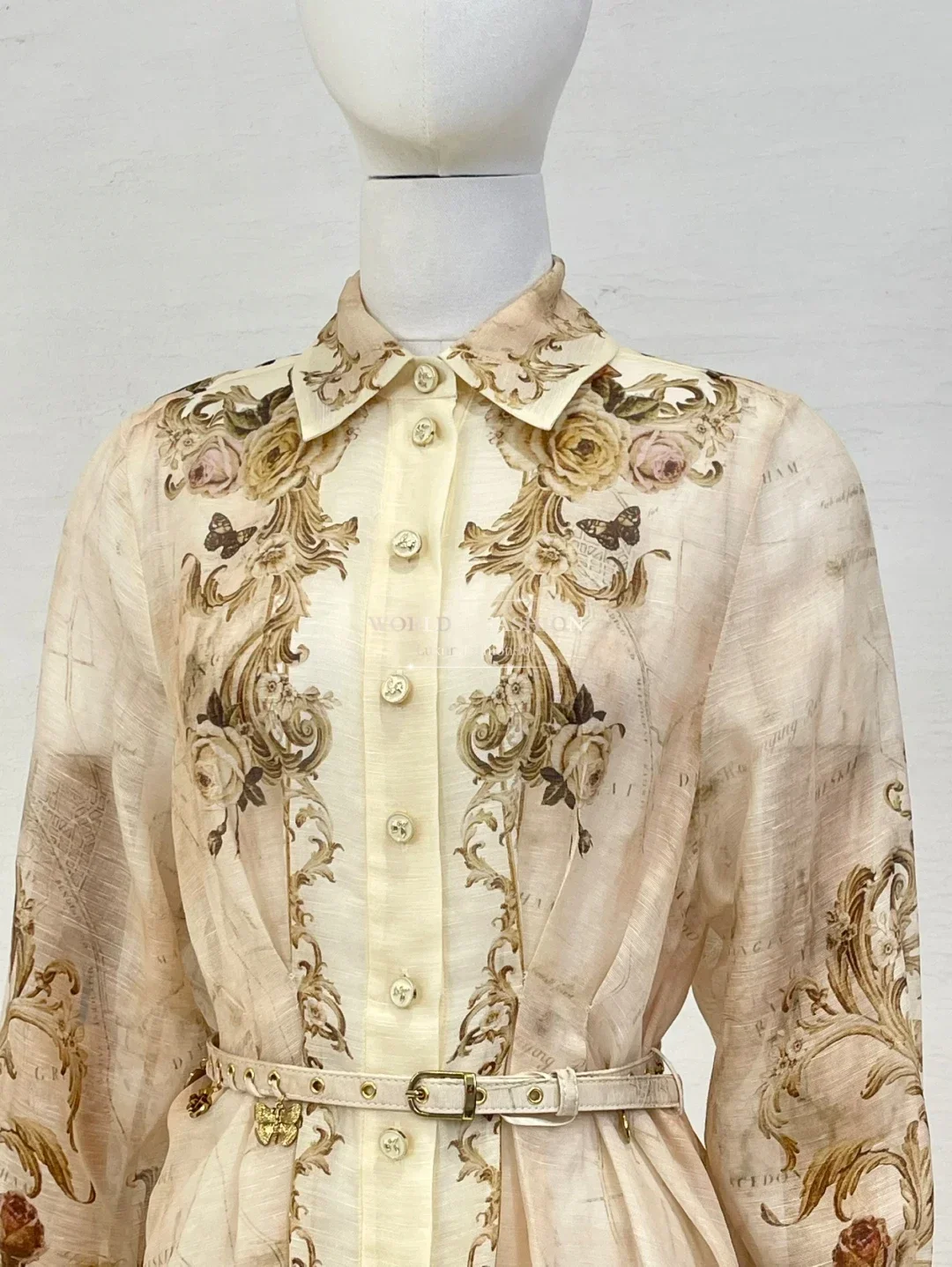 Женское платье миди с длинными рукавами и принтом бежевого розы 2025 г.