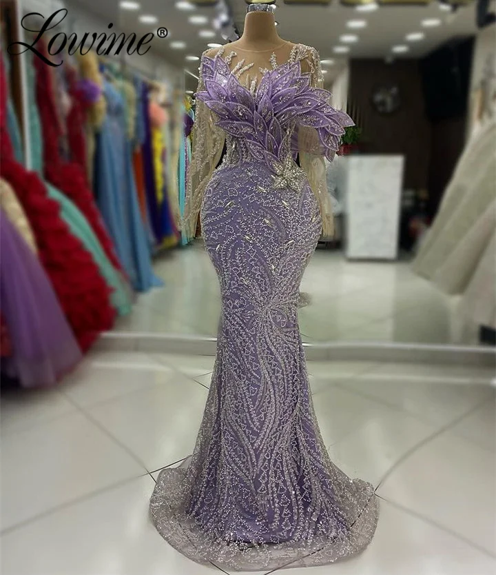 Purple Long Sleeves Arabic Evening Dresses Crystals Beaded Party Second Reception Prom Dress Gowns Robes De Soirée Customized