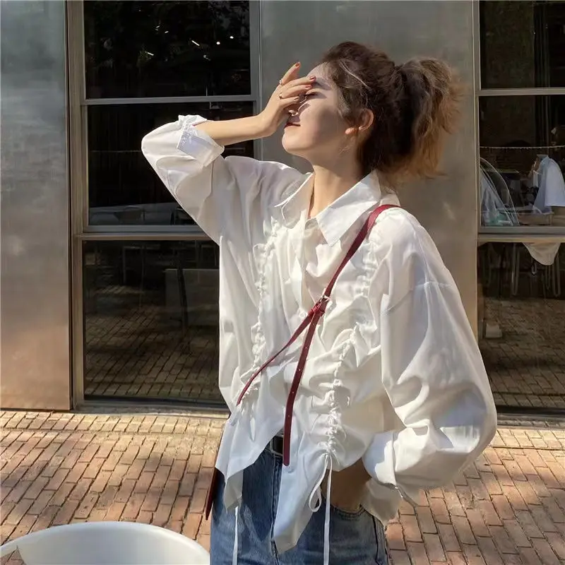 

DAYIFUN-Korean Lapel Shirts Women Lace Up Drawstring Design Versatile Blouses Lady Long Sleeve White Spring Autumn New Blusas