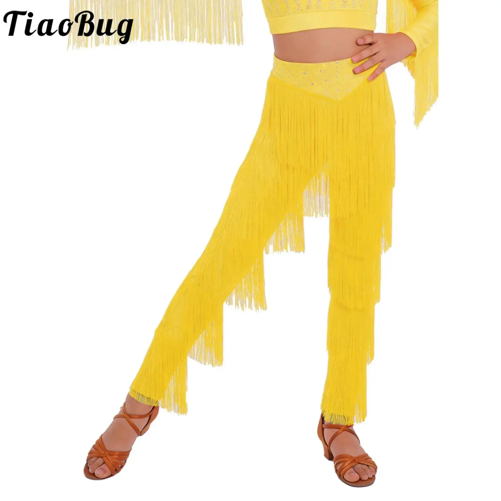 

Детские брюки для латиноамериканских танцев (ча-ча, танго, самба, румба, сальса, джаз) с бахромой и многоярусными кисточками, на резинке, для девочек