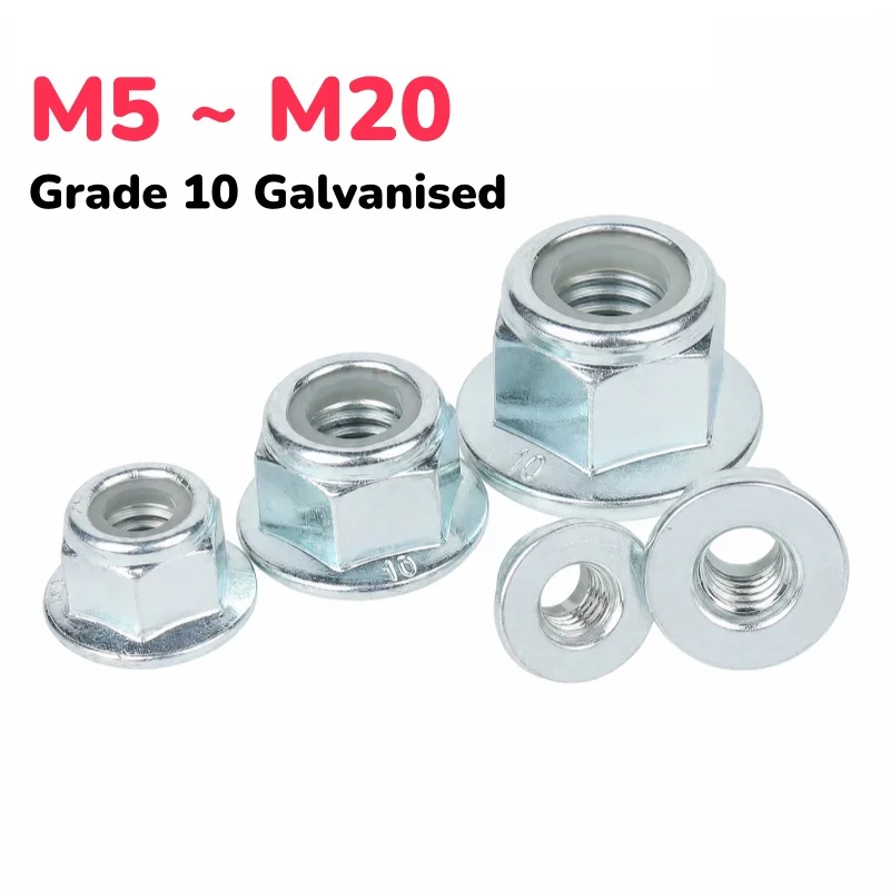 M5 M6 M8 M10 M12 M14 M16 M18 M20 Grade 10 Galvanised Hex Flange Nylon Insert Lock Nut Anti-Loosening