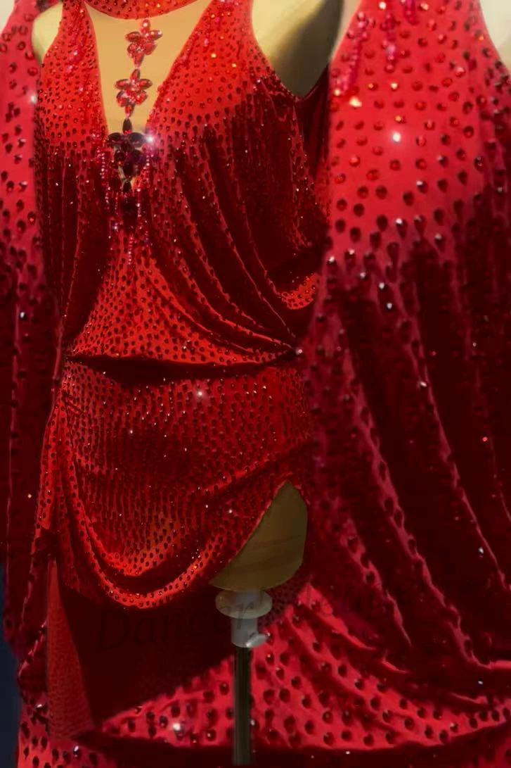 

Latin Dancer Adult Children High-End Custom Red Polish Girl Samba AB Stone Performance Dress