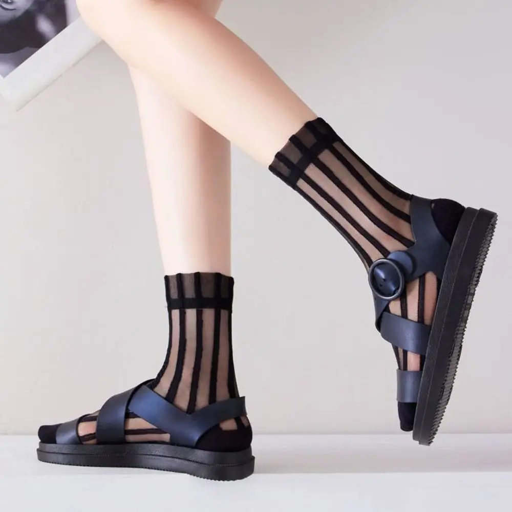 Calcetines a rayas transparentes de estilo japonés para mujer, medias de tubo medio, calcetines de seda de vidrio, Calcetería femenina, Verano