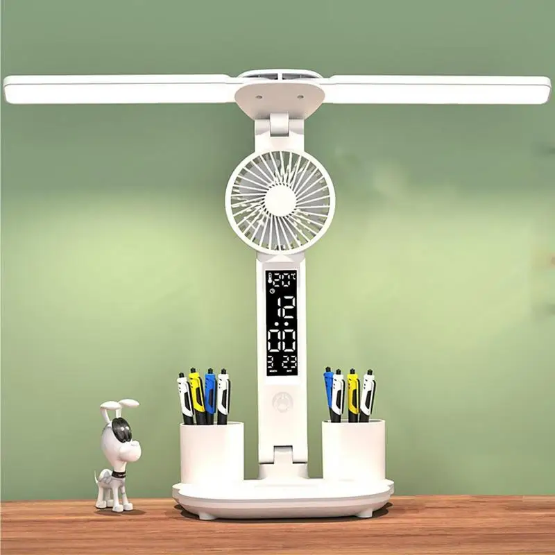 Luz de mesa con ventilador, lámpara de mesa con enchufe, soporte para bolígrafo, batería de larga duración, luz de lectura de libros, accesorios para sala de estudio