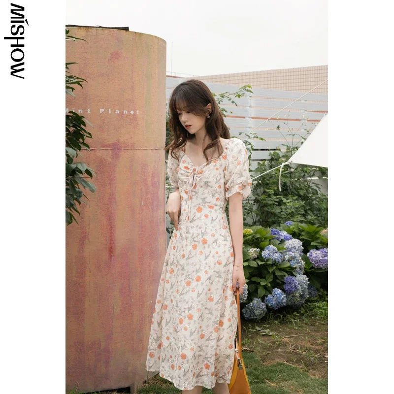 MISHOW Summer Women Dresses Fashion V Neck Floral Dress Elegant High Waist Slim Aline Chiffon Dress Female Vestidos MXA21L0028