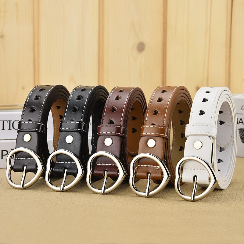 Fashion Faux Leather Belt with Heart Hollow Design Women's Belt with Heart Metal Buckle Decorative Belt for Jeans Pants