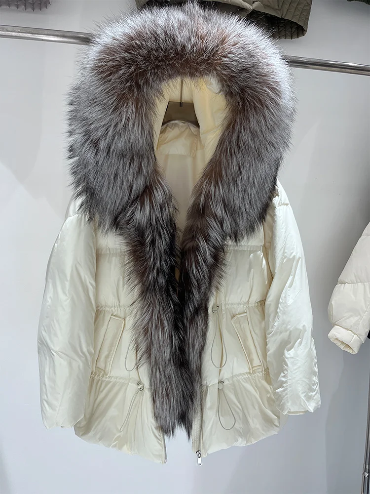 2025 New Winter Women Natural Silver Fox Fur Collar Coats Goose Down Jacket Outwear Female Coats Hooded Parka Puffer Jackets