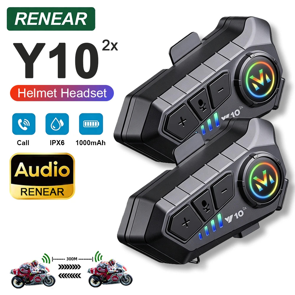 KEBIDUMEI 1/2x Motorcycle Intercom Headset Helmet BT 5.3 For 2 Riders Intercommunicator 300M Waterproof Music Sharing Interphone
