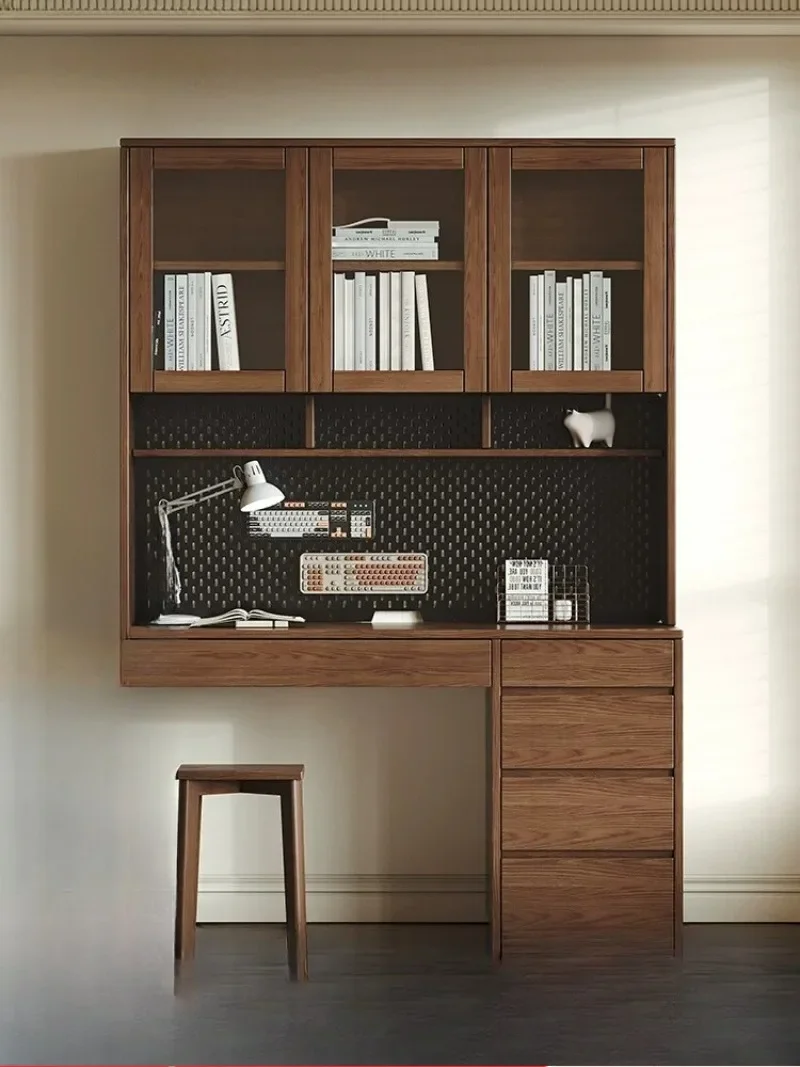 Solid wood oak desk bookshelf integrated with drawers storage small apartment study table walnut