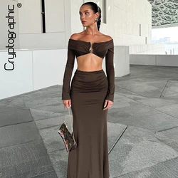 Cryptographic Fashion Off Shoulder Ruched Dress Sets Autumn Vacation Beachwear Matching Sets Sexy Split Two Piece Sets Outfits